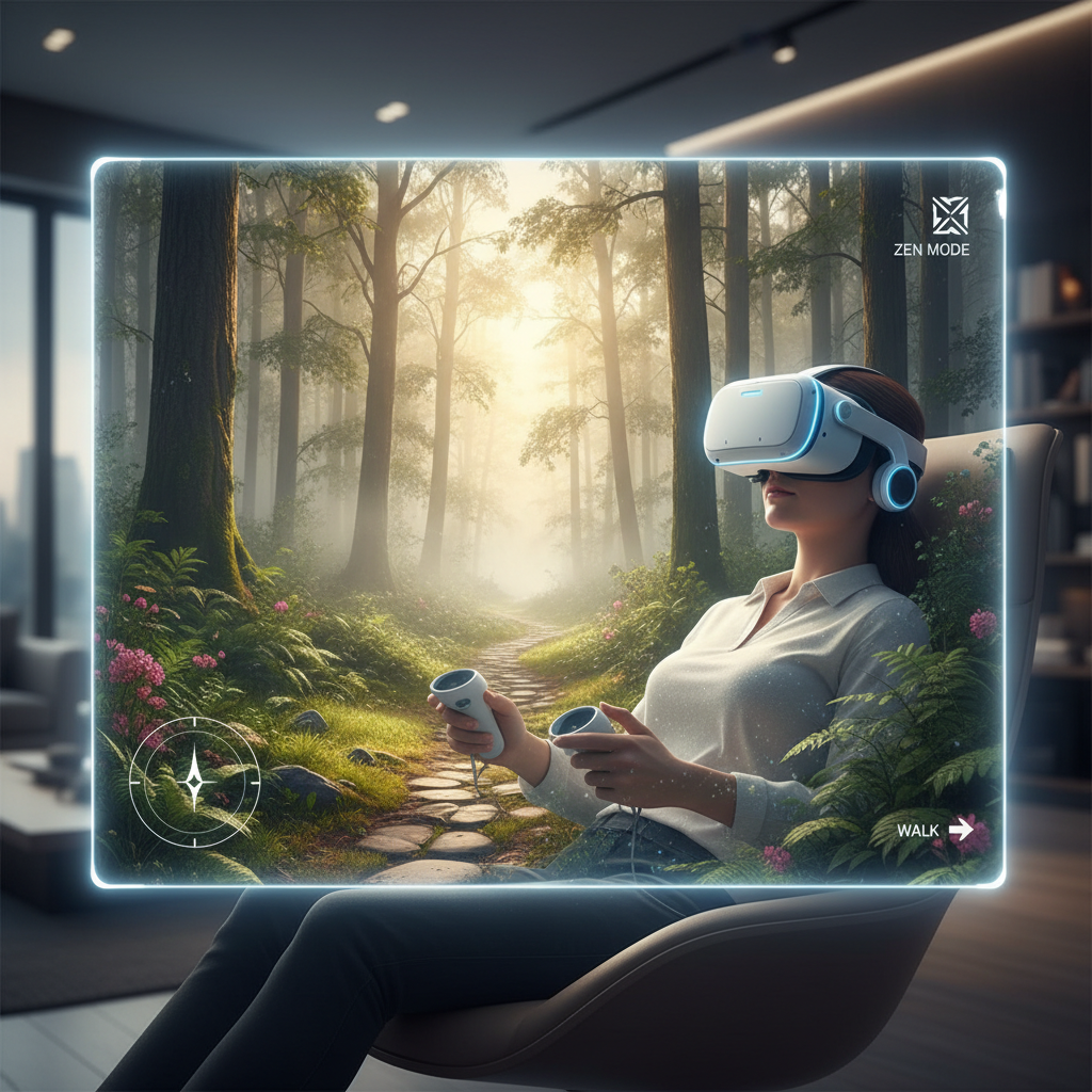 VR walking simulator gameplay in a calm scenic environment