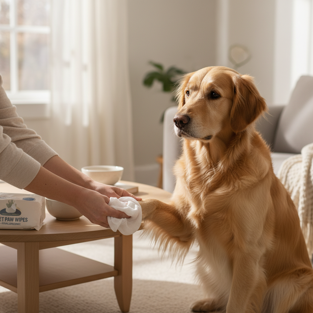 Hypoallergenic pet grooming wipes used on a dog paw at home