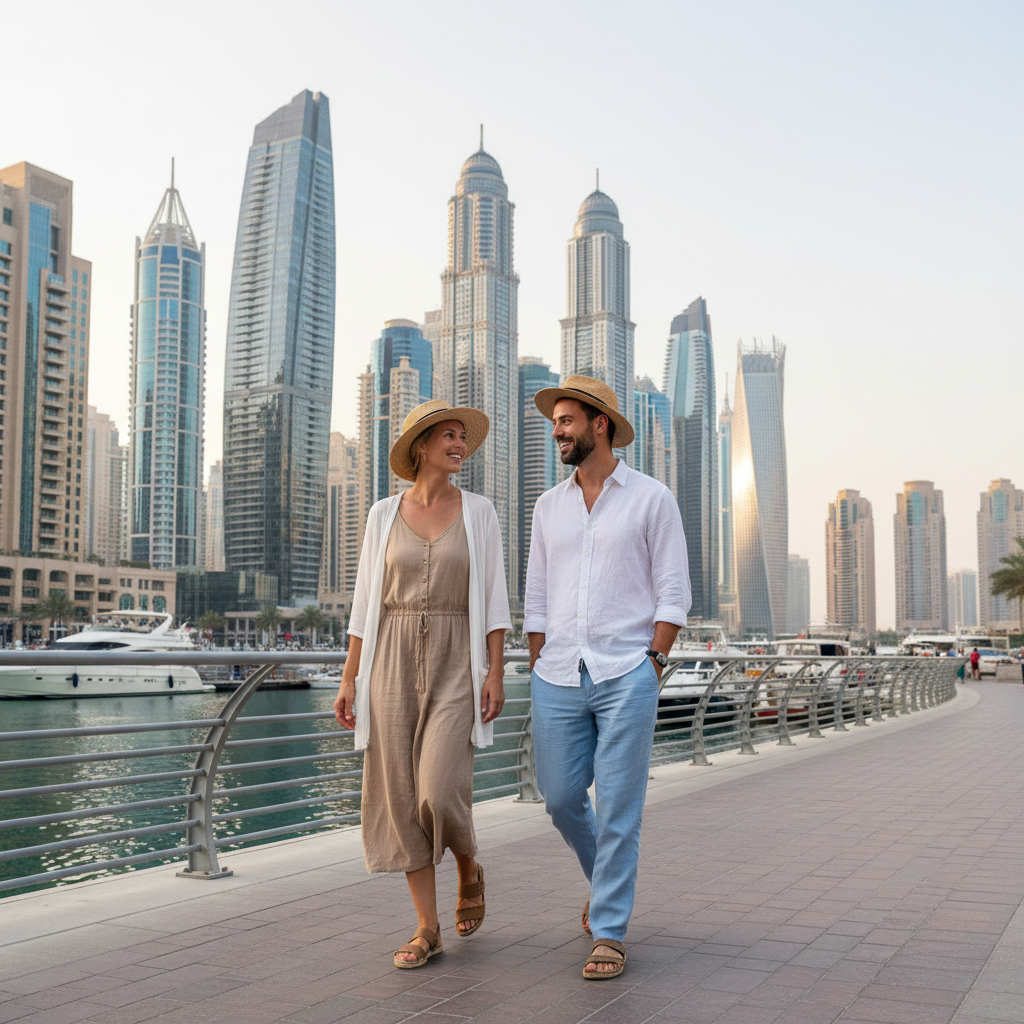 Tourists in Dubai wearing light, modest outfits in a modern city setting