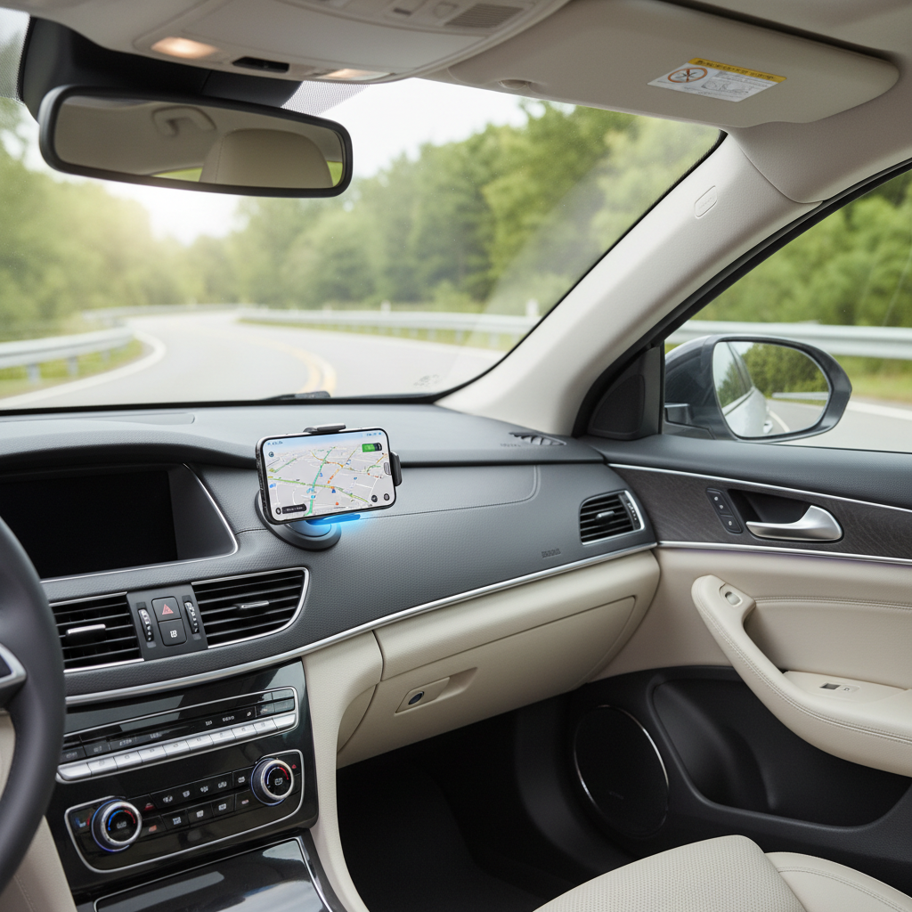 Wireless charging car phone mount installed on dashboard with navigation running