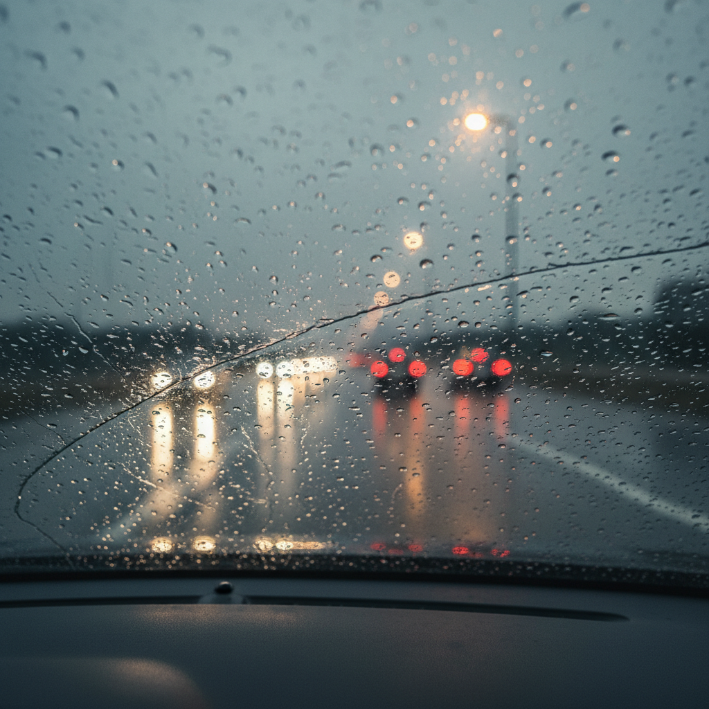 Rain beading on car windshield at highway speed with clear visibility
