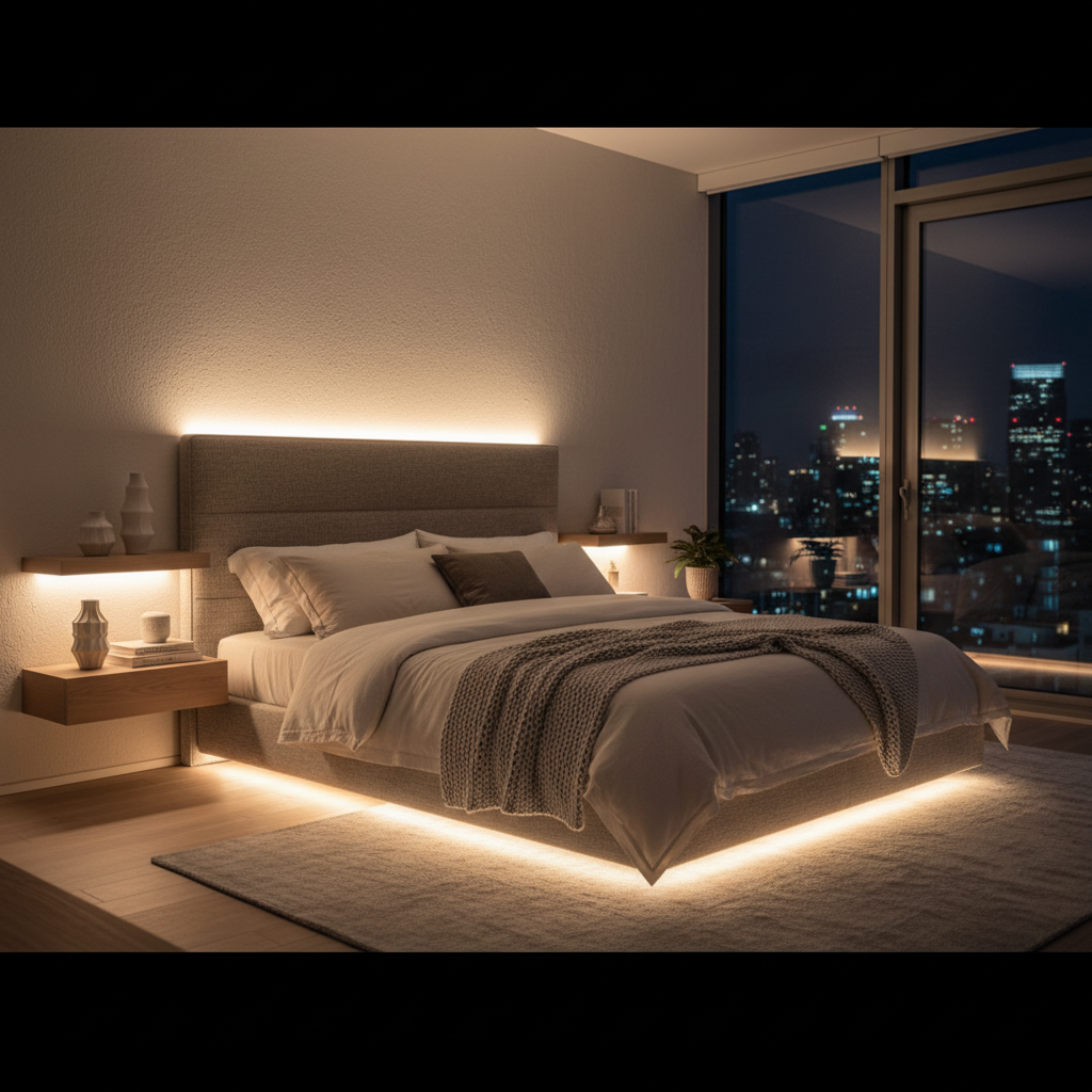 Cozy bedroom ambiance using warm LED strip lights behind headboard