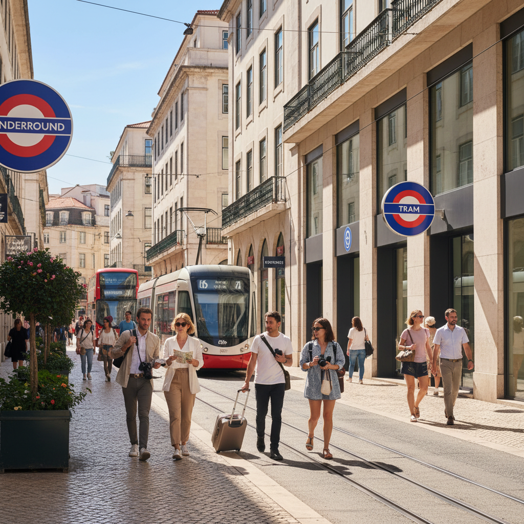 Beginner-friendly European city street with clear transit signs and travelers