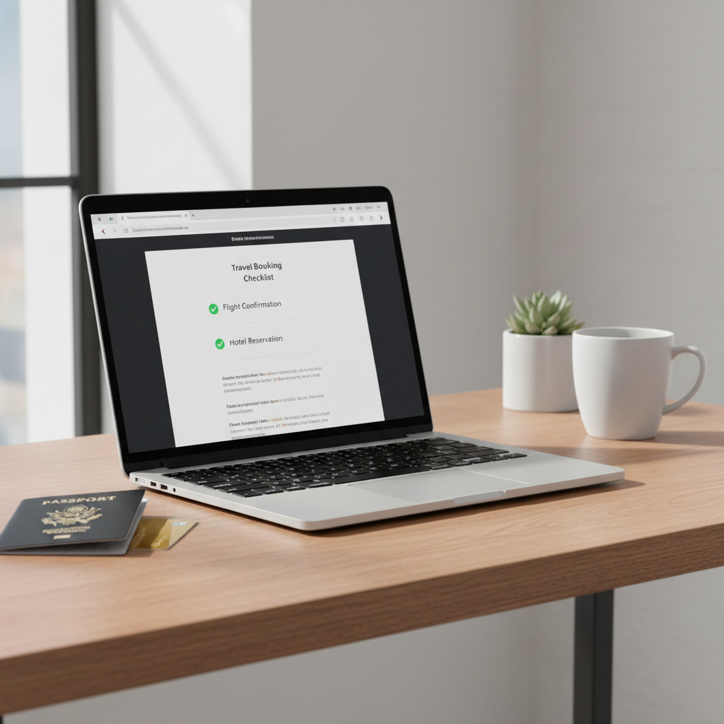 Travel booking checklist on laptop with flight and hotel confirmations