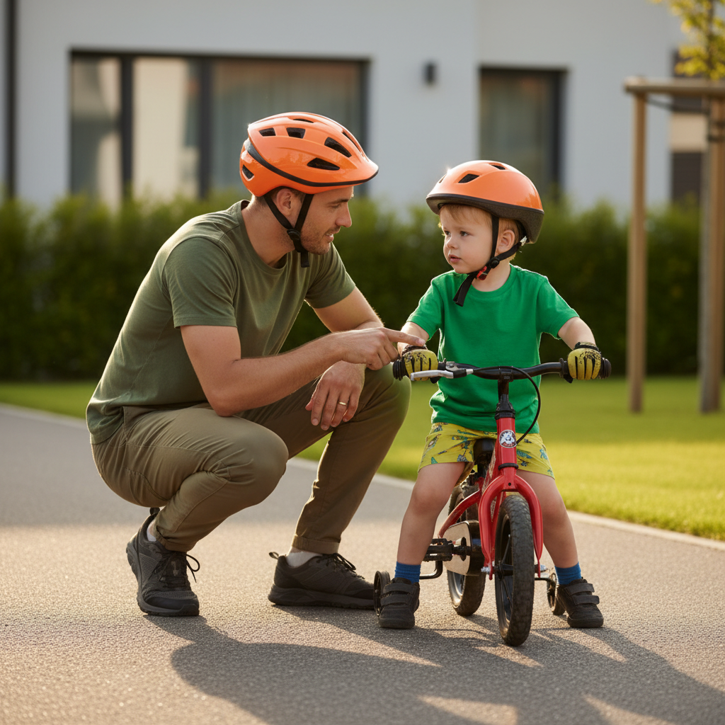 Parent checking child helmet fit and bike controls before first pedal bike ride