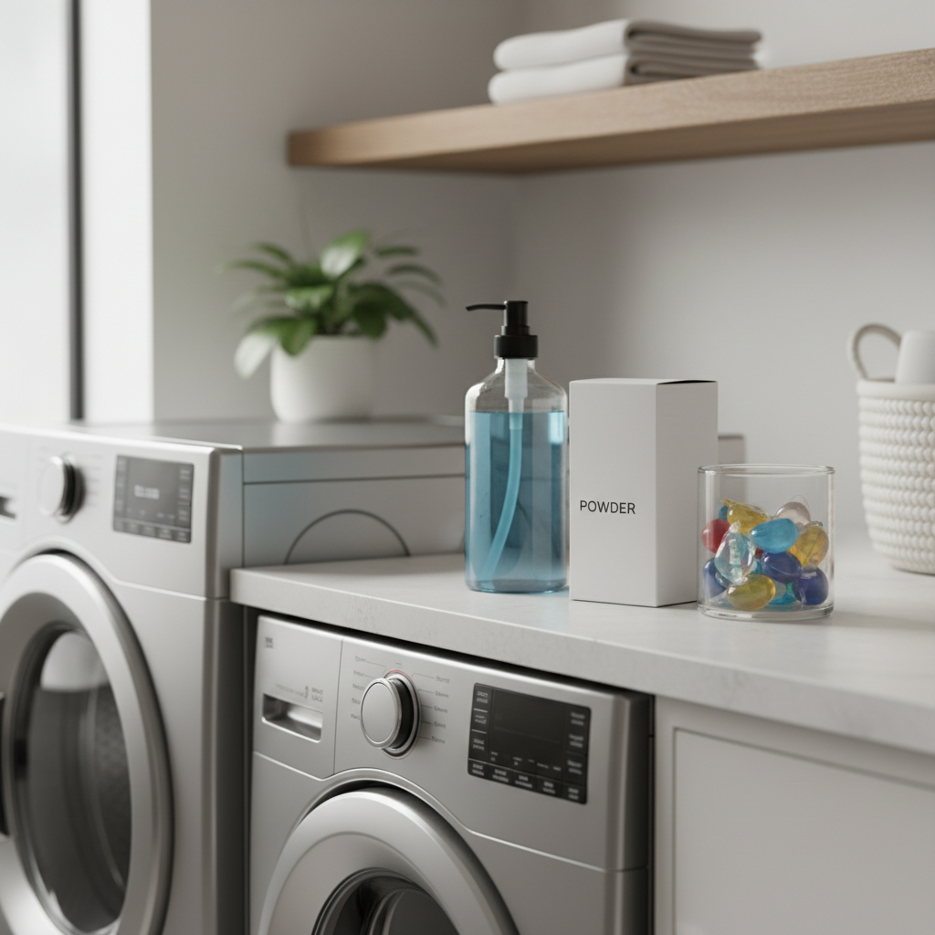 Laundry room counter with different detergent types: pods, liquid, and powder next to a high-efficiency washer