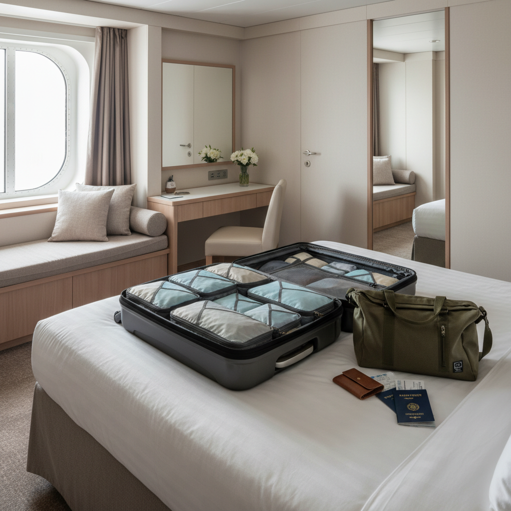 Cruise cabin packing setup with suitcase, packing cubes, and day bag on a bed