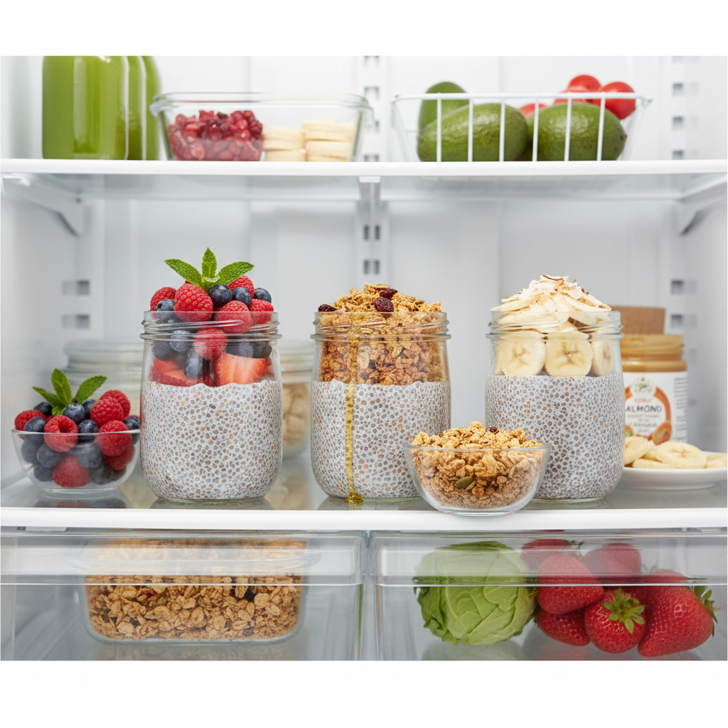 Meal-prep chia pudding jars in refrigerator with toppings set aside for healthy easy breakfasts