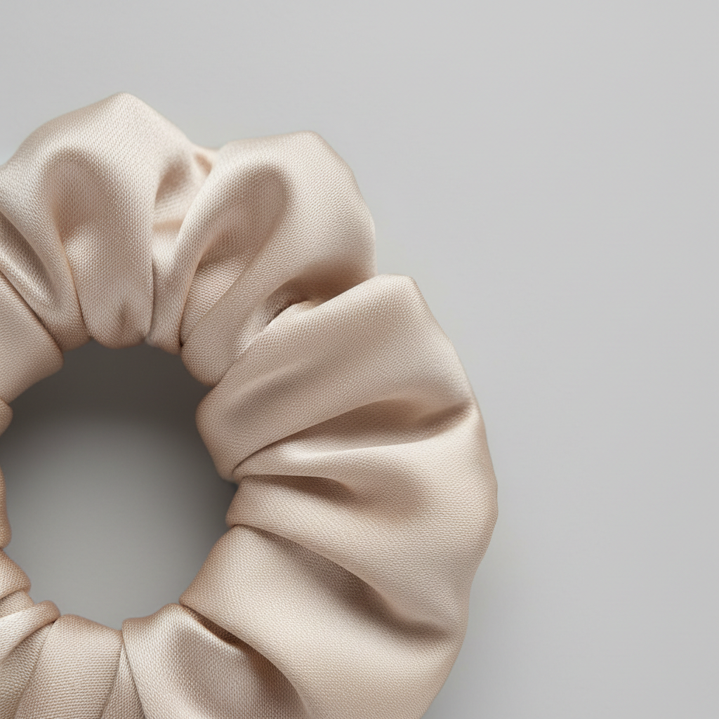 Close-up of smooth seams on a satin scrunchie for curly hair