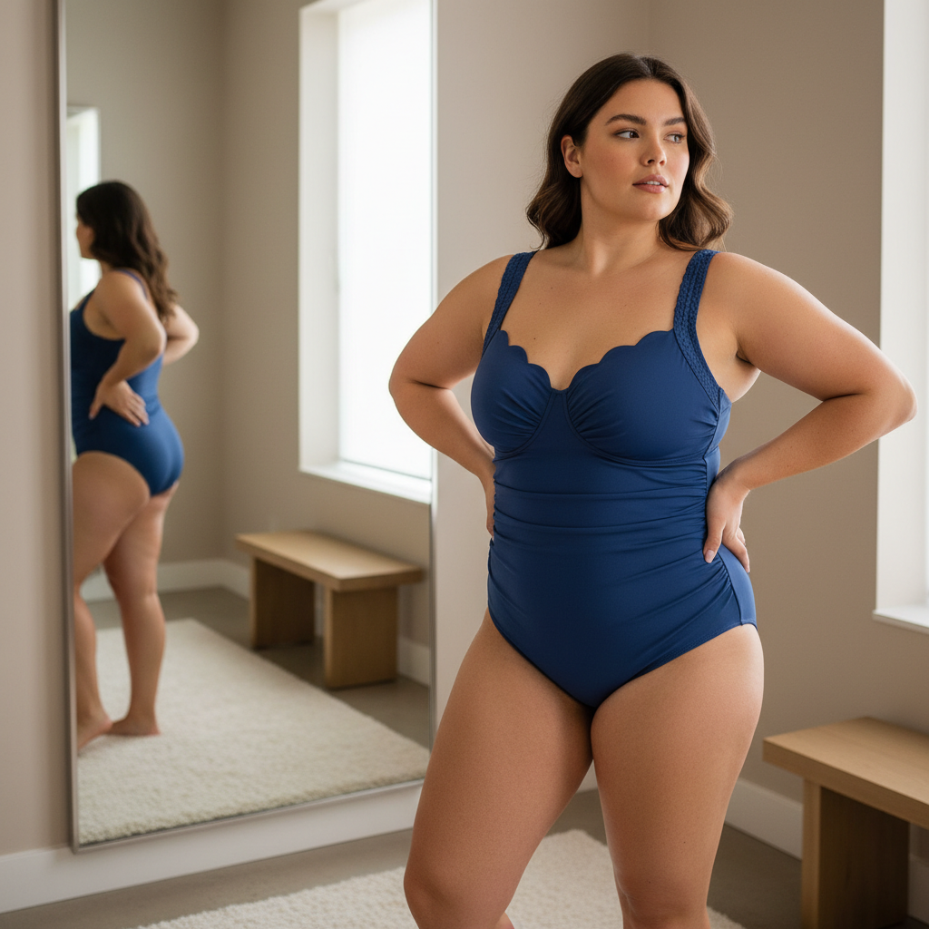 Curvy woman trying on supportive one-piece swimsuit with wide straps in fitting room