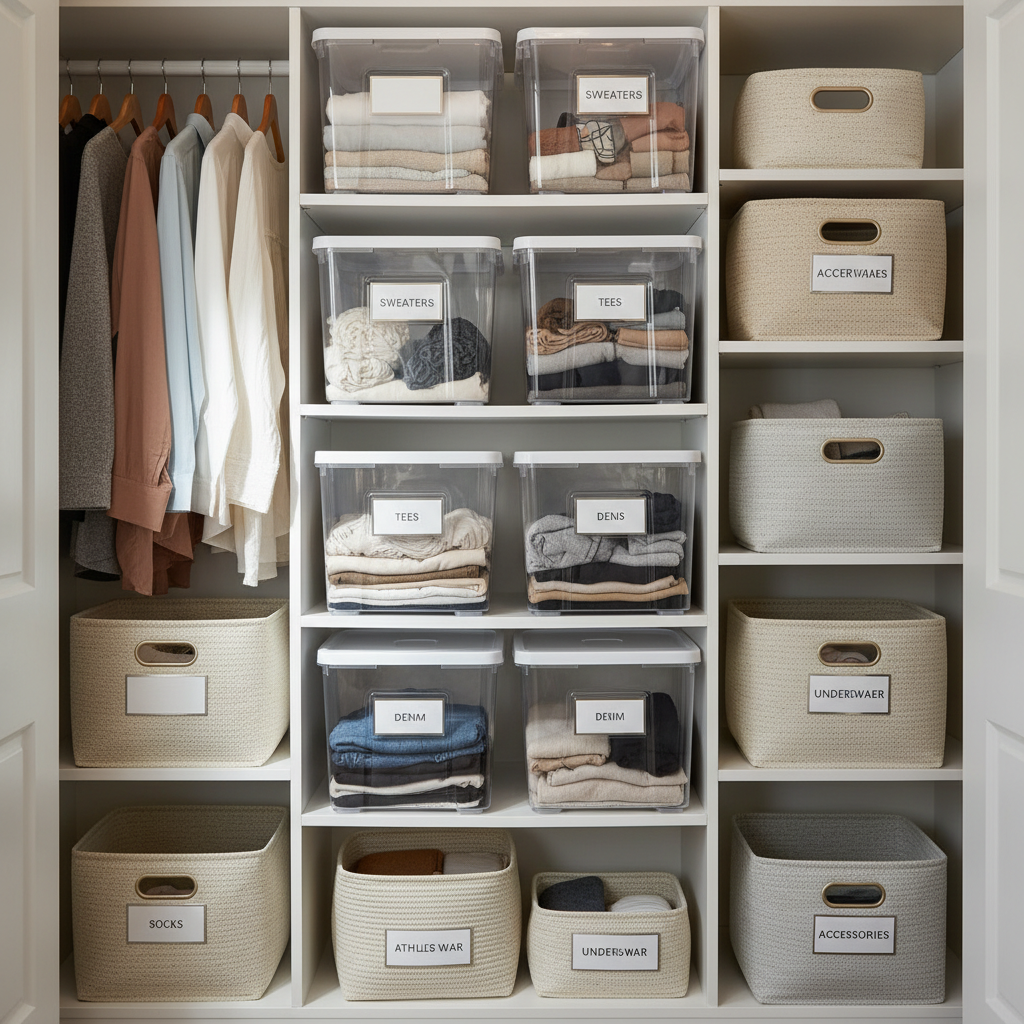 Organized reach-in closet with labeled storage bins on shelves