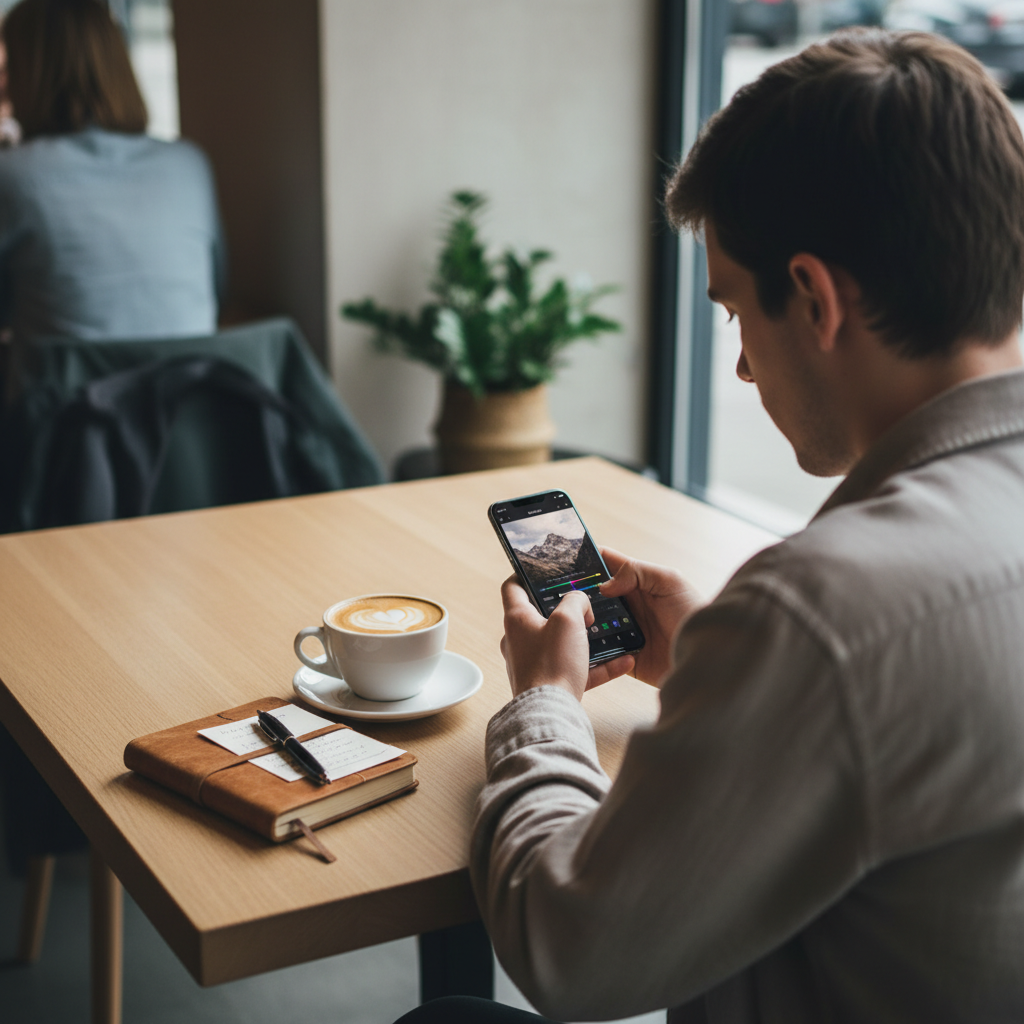 Mobile photo editing workflow on a smartphone while traveling