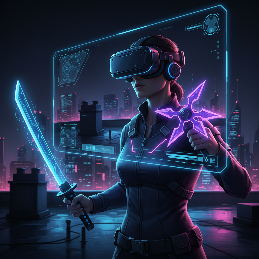 VR ninja gameplay with katana and stealth rooftop scene