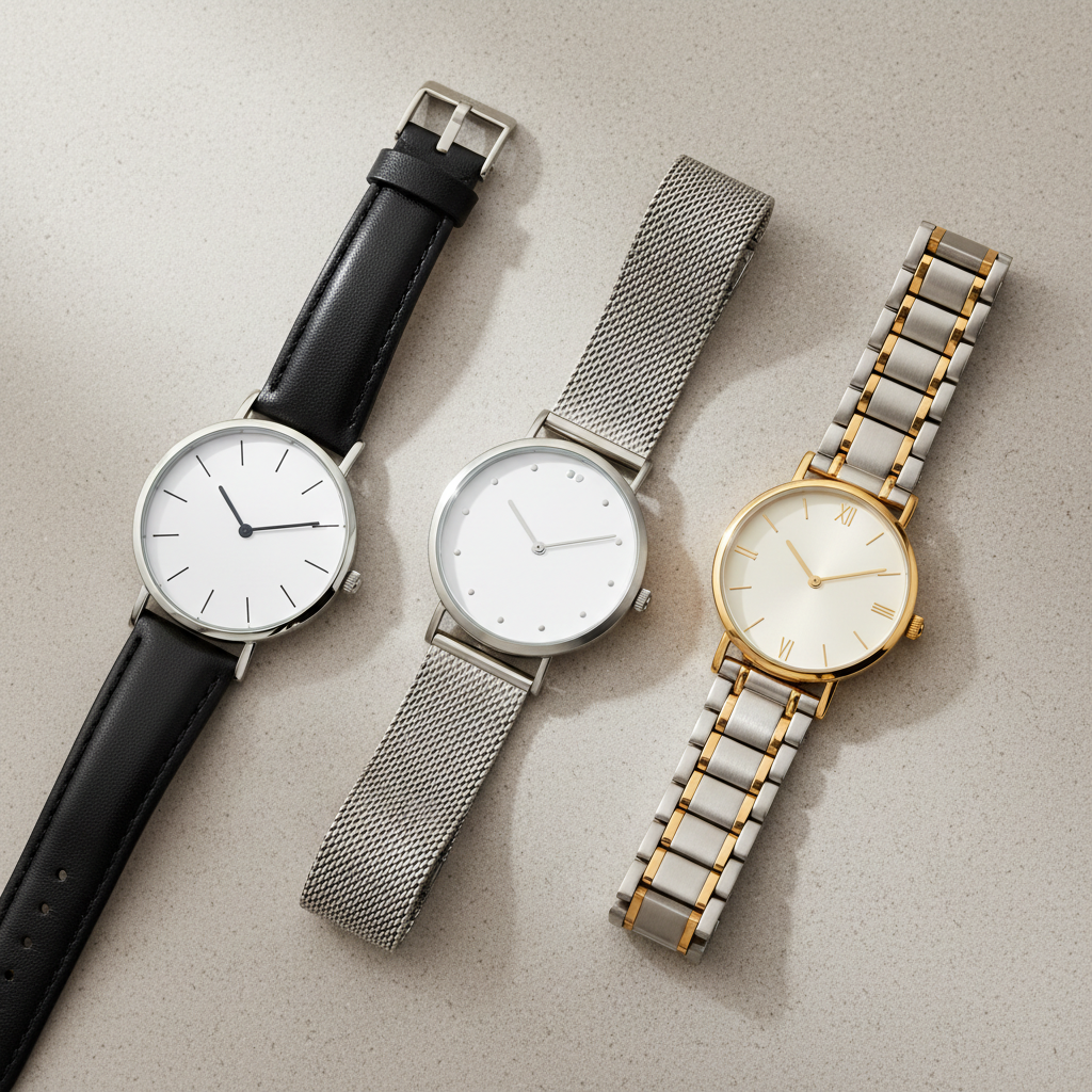 Flat lay of minimalist women’s watches with leather strap, mesh bracelet, and stainless steel bracelet