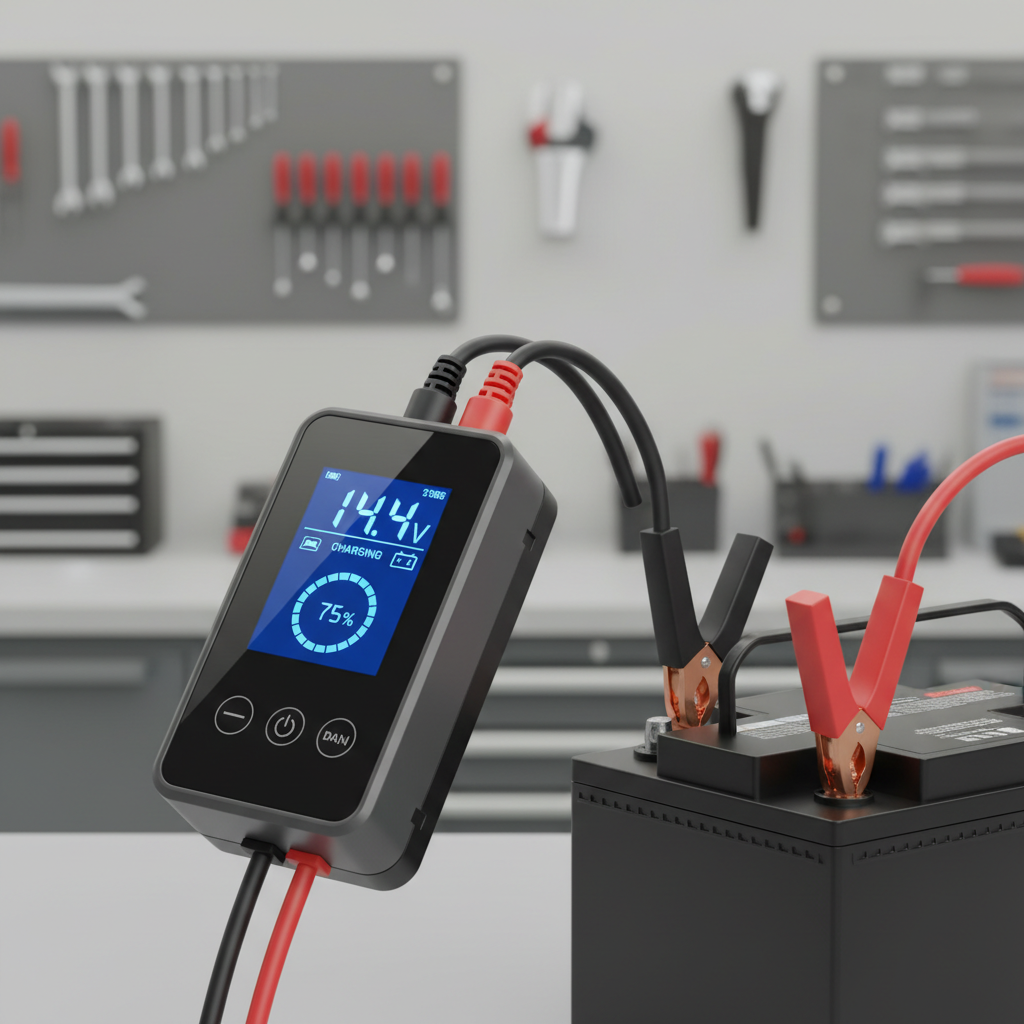 Close-up of smart charger display showing charging status and voltage