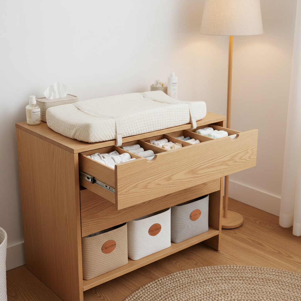 Organized nursery dresser with changing pad, labeled bins, and minimal decor for small spaces