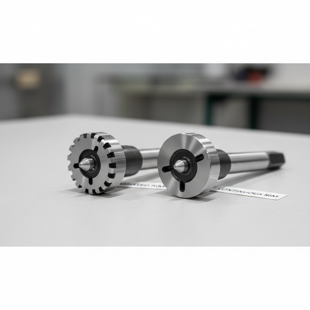 Close-up of Forstner bit rim styles serrated vs continuous with labeled cutting edges