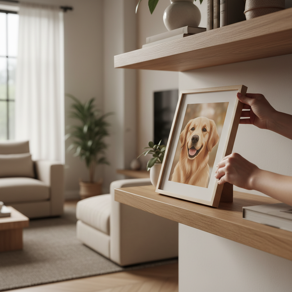 Custom pet memorial portrait being placed in a simple frame on a living room shelf