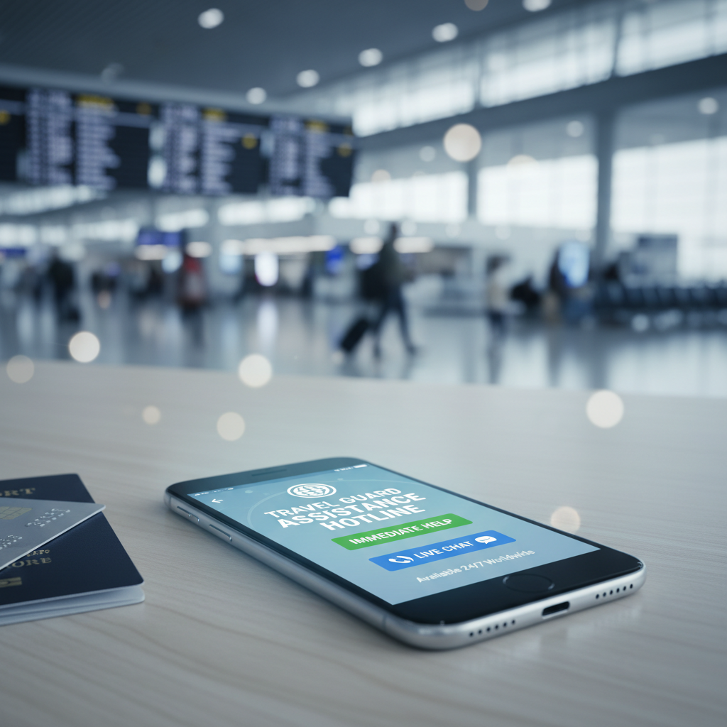 Travel insurance assistance hotline concept with phone and airport background