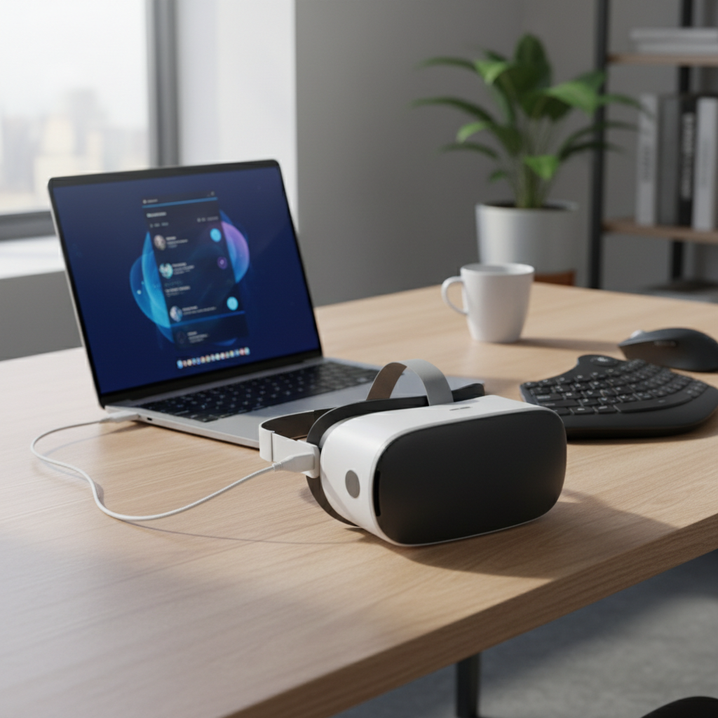 Quest 3 connected to a laptop via USB-C preparing for Beat Saber modding