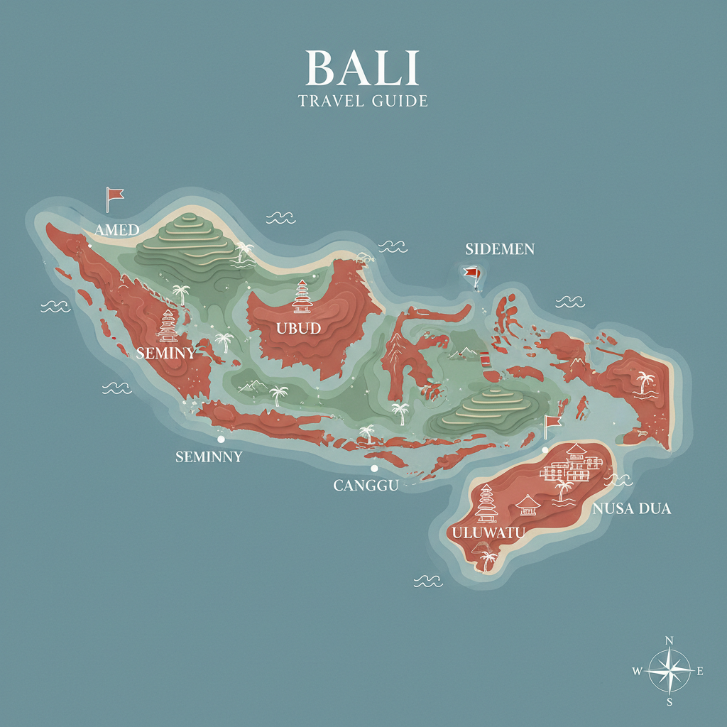 Map-style overview of Bali regions for first-time travelers planning where to stay in 2026