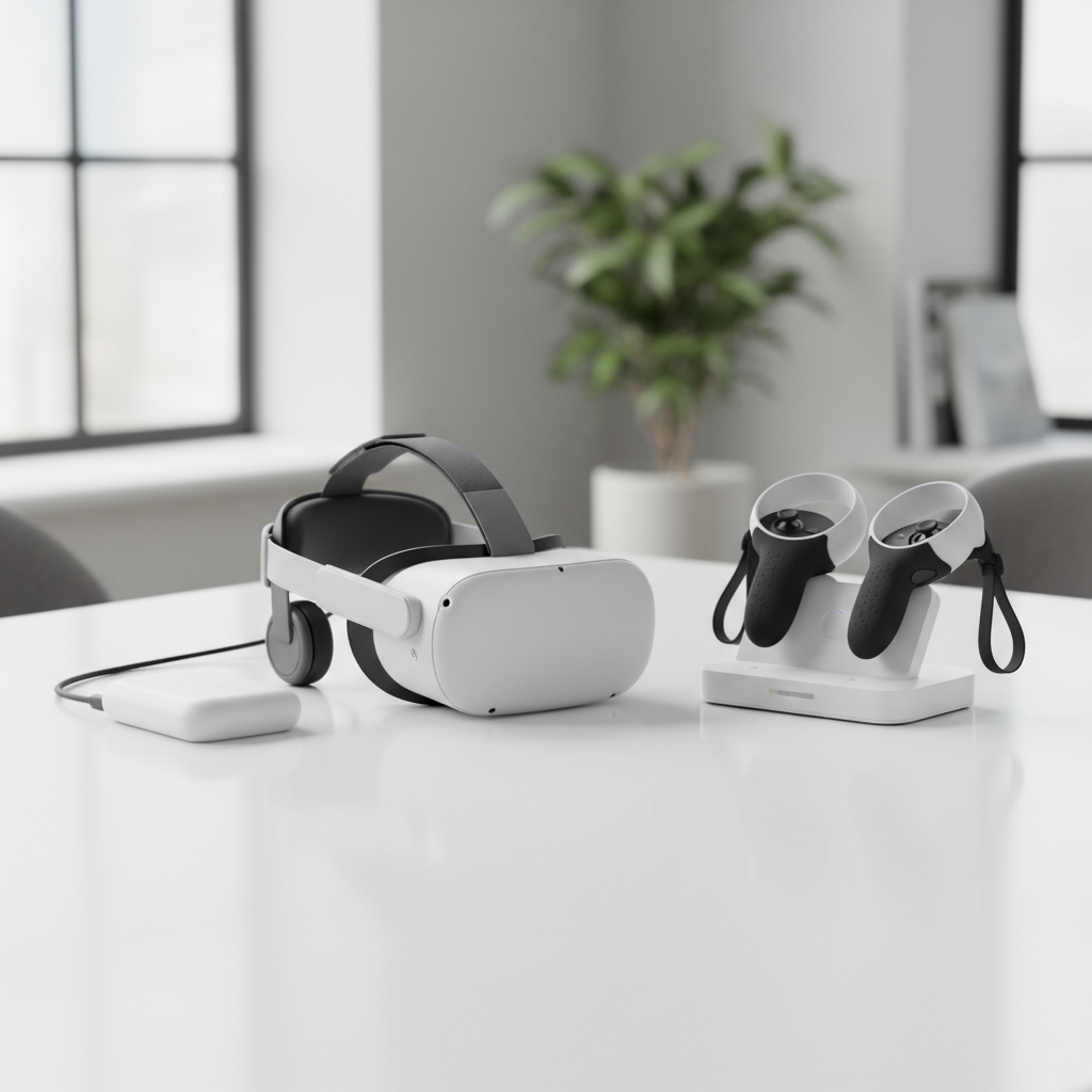 Standalone VR headset accessories like head strap, battery pack, and controller grips