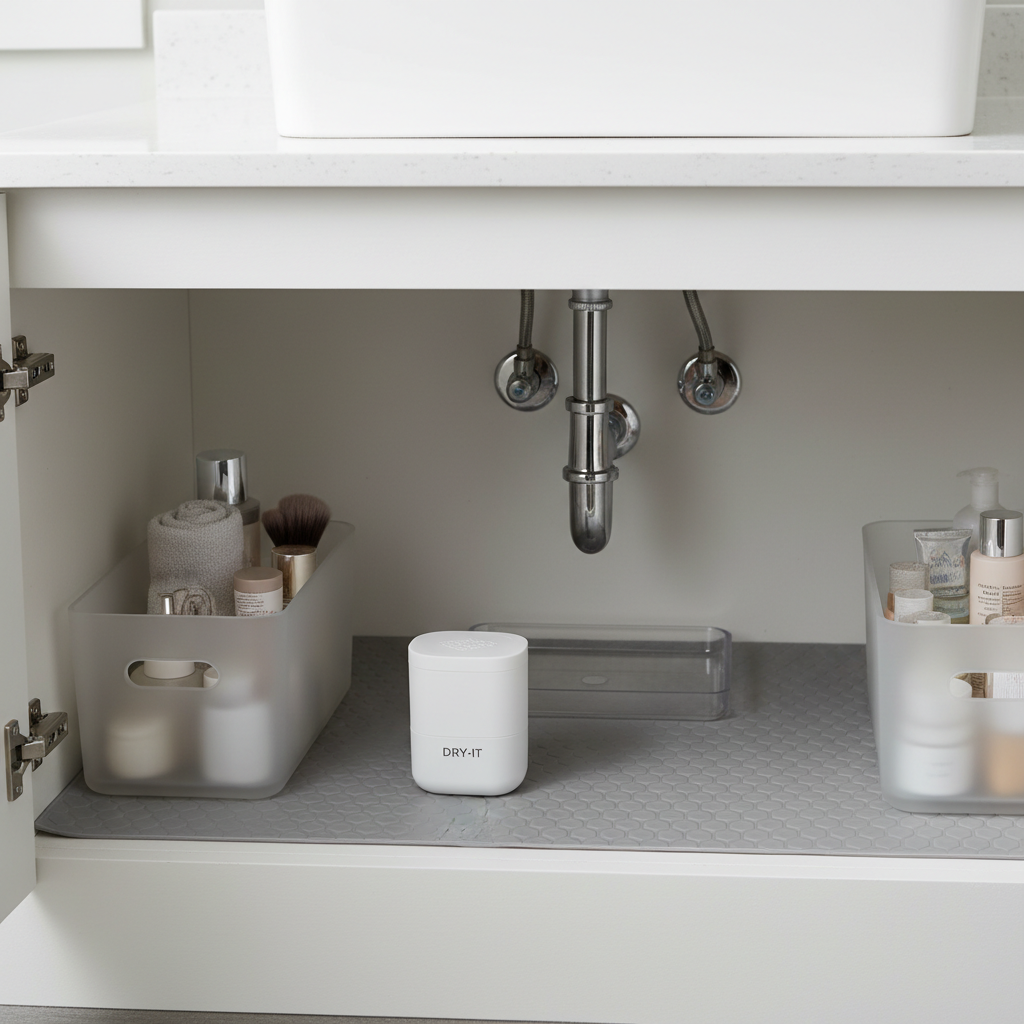Moisture-proof under-sink mat and leak detection setup in bathroom cabinet