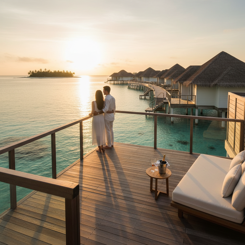 Luxury honeymoon couple enjoying an overwater villa sunset view