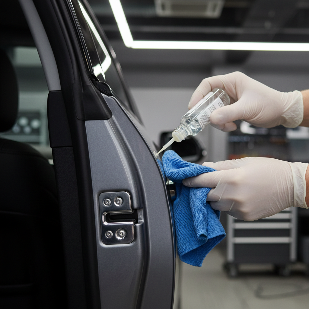 Lubricating a car door latch mechanism on the door edge with a clean applicator