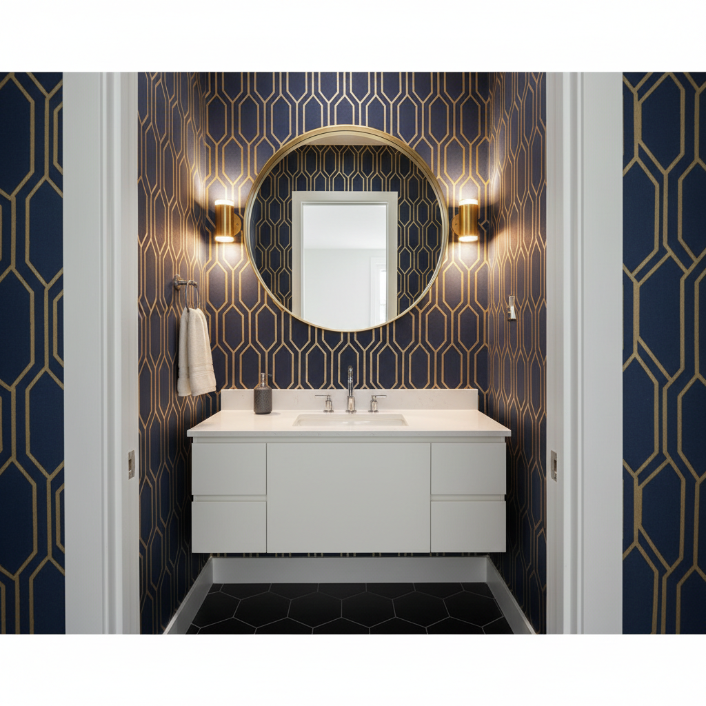 Small powder room with bold wallpaper, wall sconce lighting, and a statement mirror