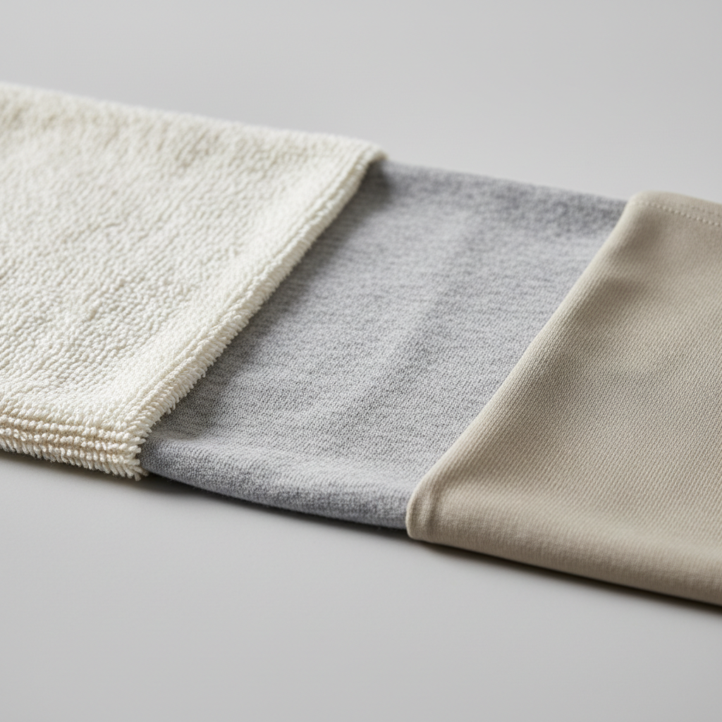 Close-up of different fabric textures: towel, cotton shirt, and athletic fabric for softness comparison