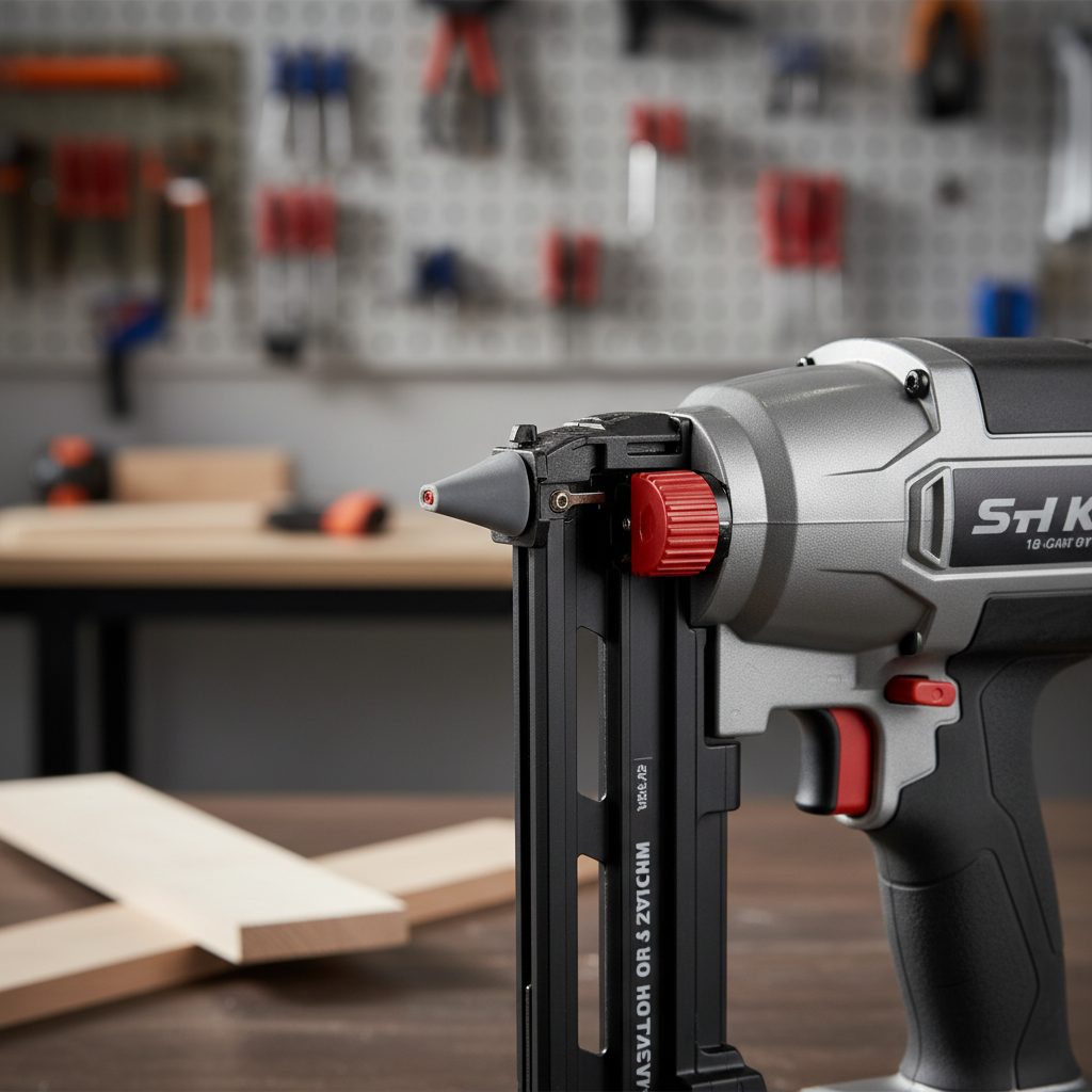 Depth adjustment dial and no-mar tip on an 18-gauge brad nailer