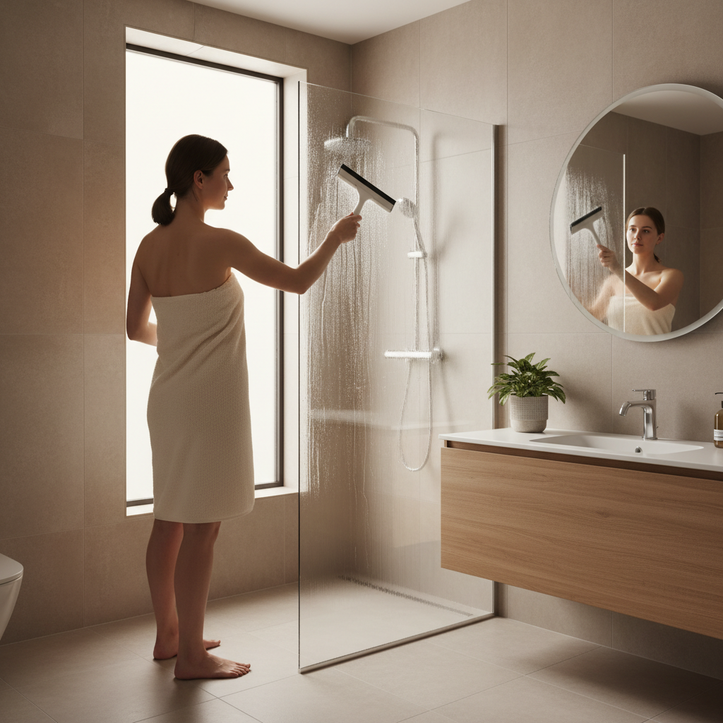 Squeegee routine after shower to prevent soap scum on glass doors
