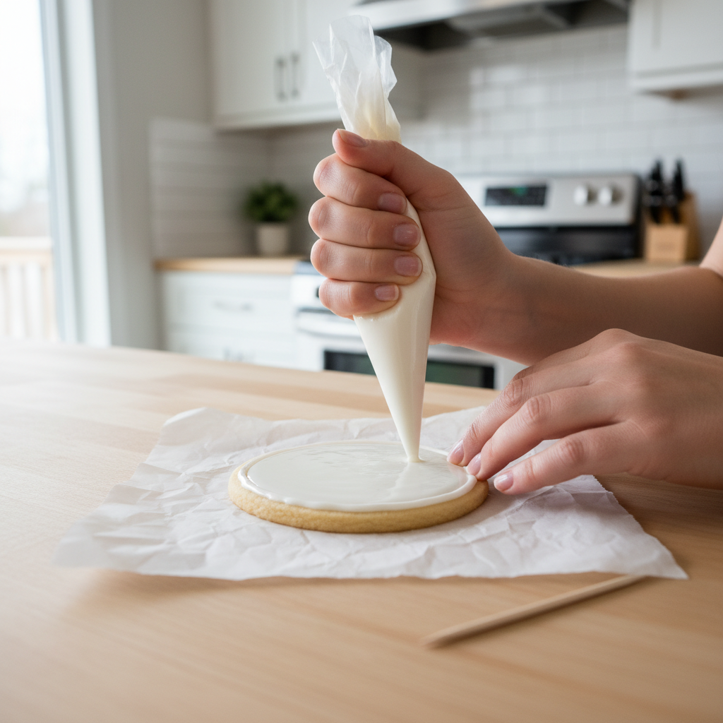 Hands flooding a sugar cookie with easy royal icing using piping bag