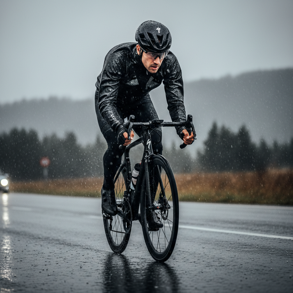 Cyclist wearing a waterproof windproof jacket in heavy rain on a road ride