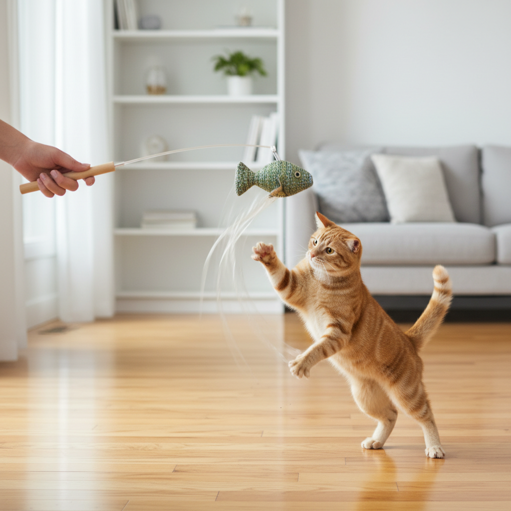 Person using a wand catnip toy to play with a cat indoors