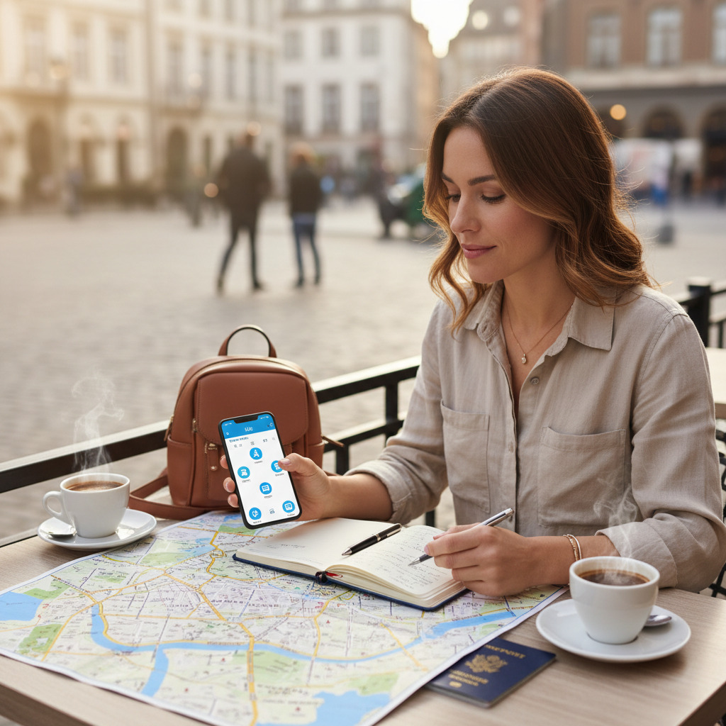 Solo female traveler reviewing a map and phone plan at a cafe