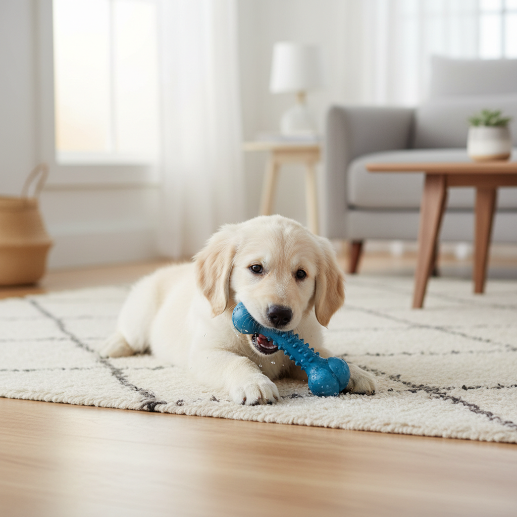 Puppy teething with a safe rubber chew toy on a living room rug