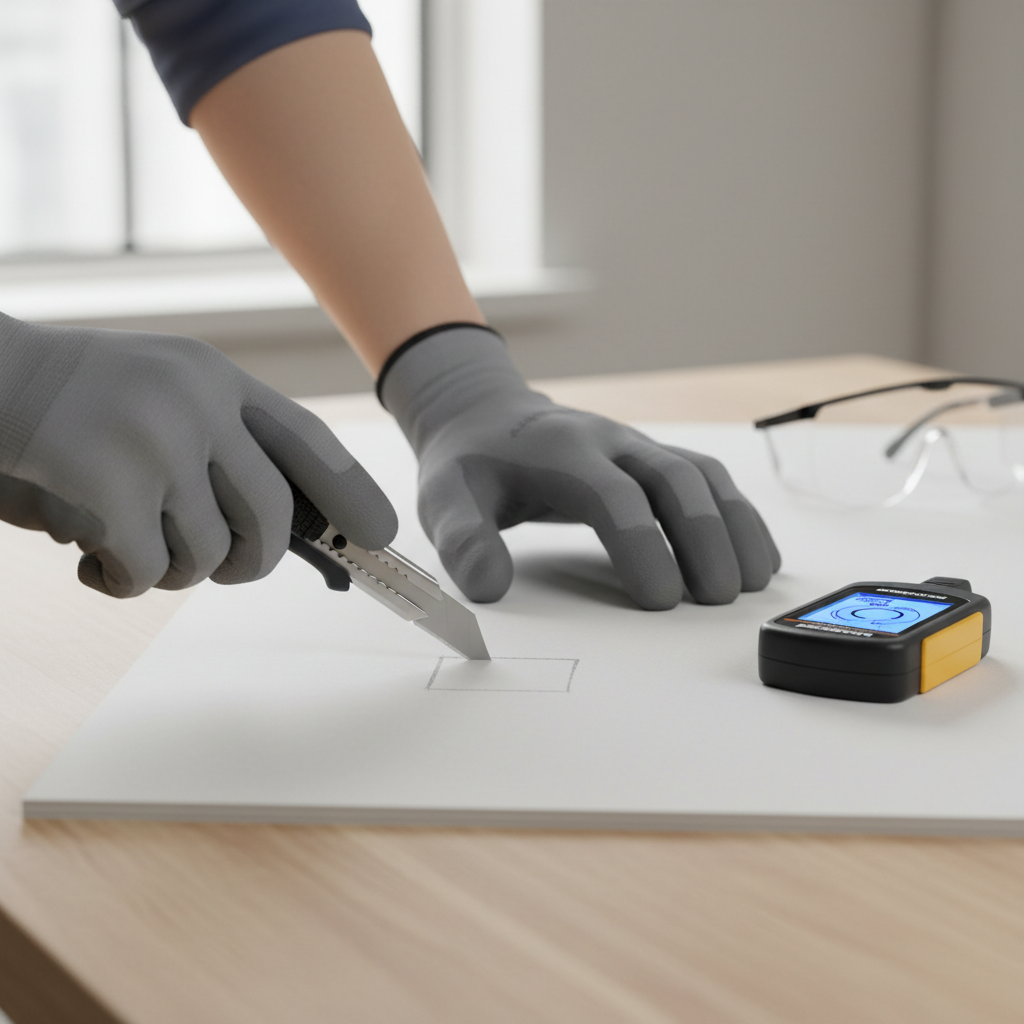 Scoring drywall and checking for wires before using a keyhole saw