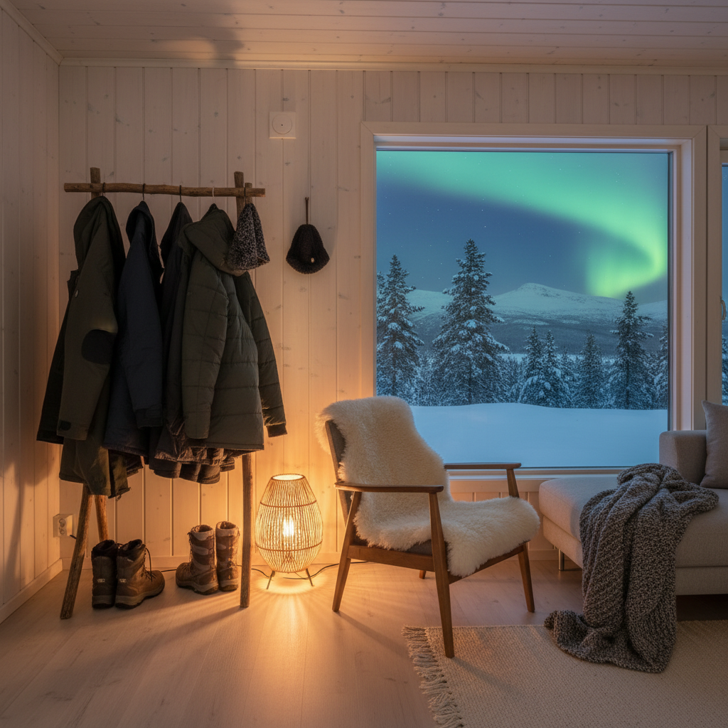 Cozy Norway cabin interior with winter gear and aurora tour feel