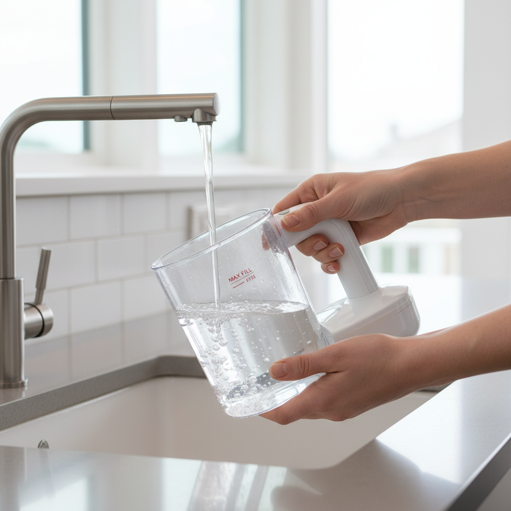 Close-up of a clothes steamer water tank being filled at a sink