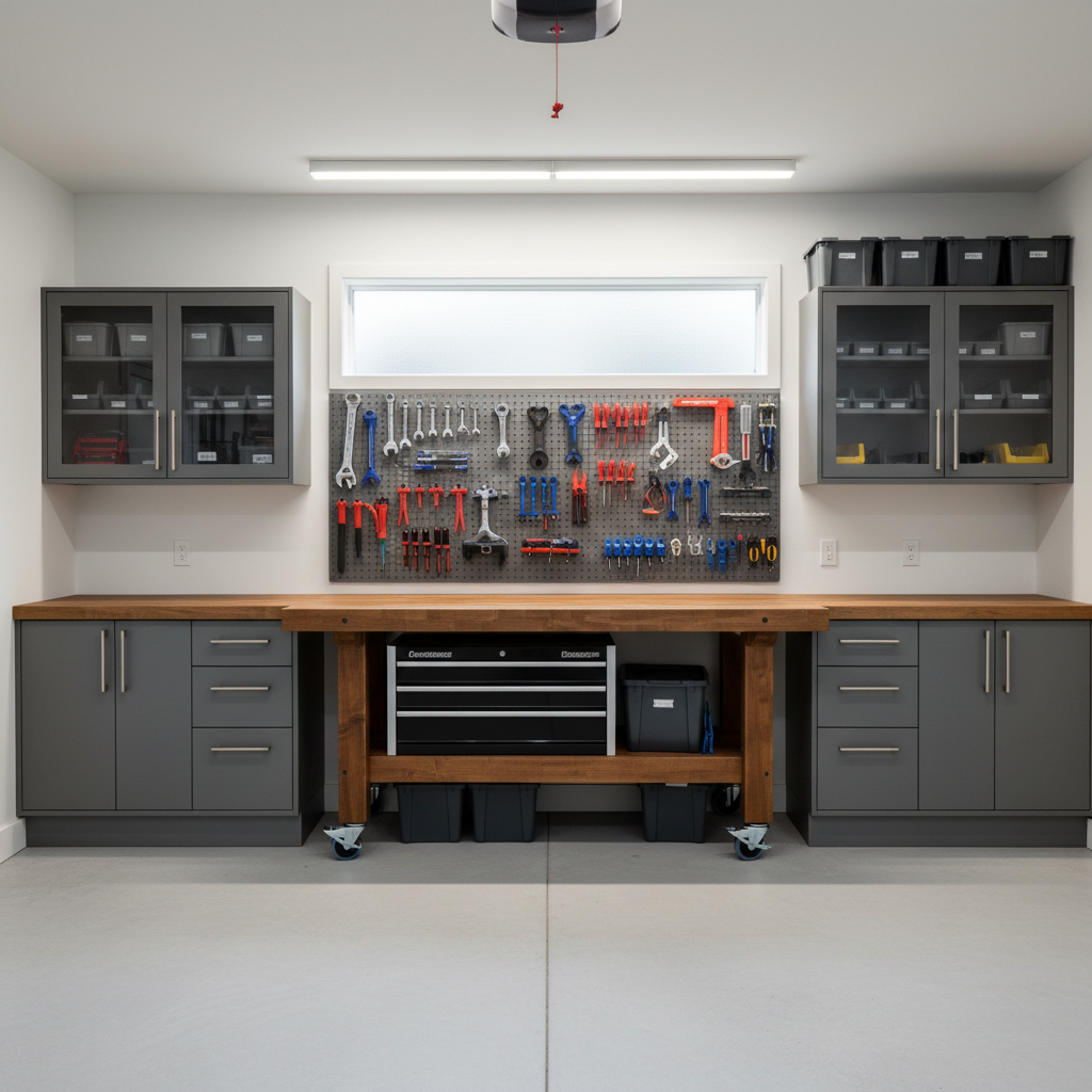 Garage workshop layout with a sturdy workbench and tool storage