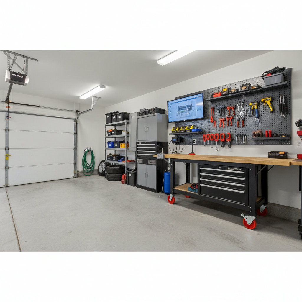 Mobile workbench on casters in a two-car garage workshop zone