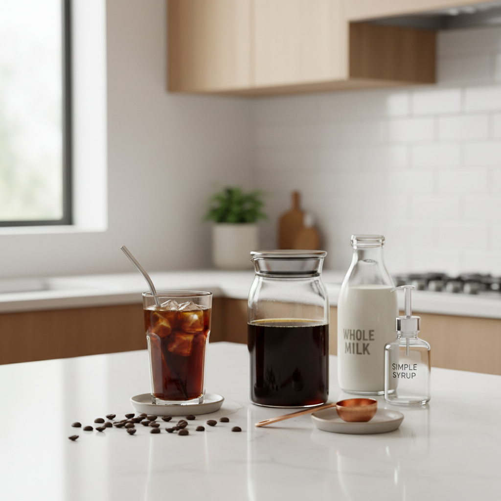Homemade iced coffee ingredients on a kitchen counter