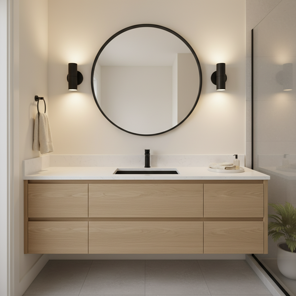 Vanity mirror with wall sconces creating a luxury small bathroom feel