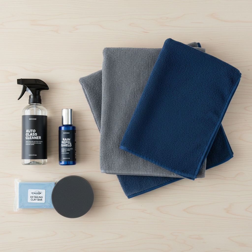 Rain repellent application tools laid out: microfiber towels, glass cleaner, applicator pad