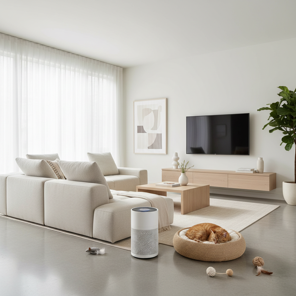 Bright home living room with air purifier and cat bed to help reduce shedding mess