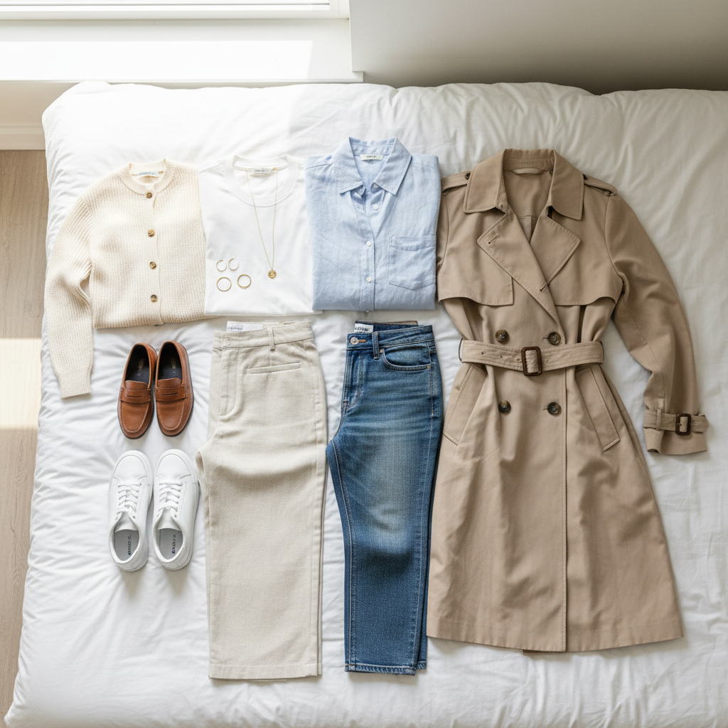 Capsule wardrobe spring basics laid out neatly on a bed