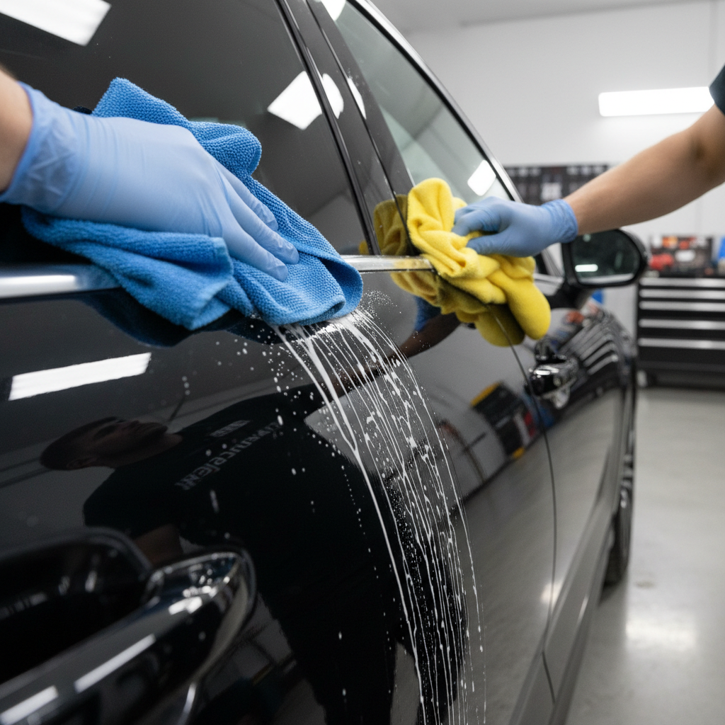 Two-towel method buffing spray wax on a car door panel to prevent streaking
