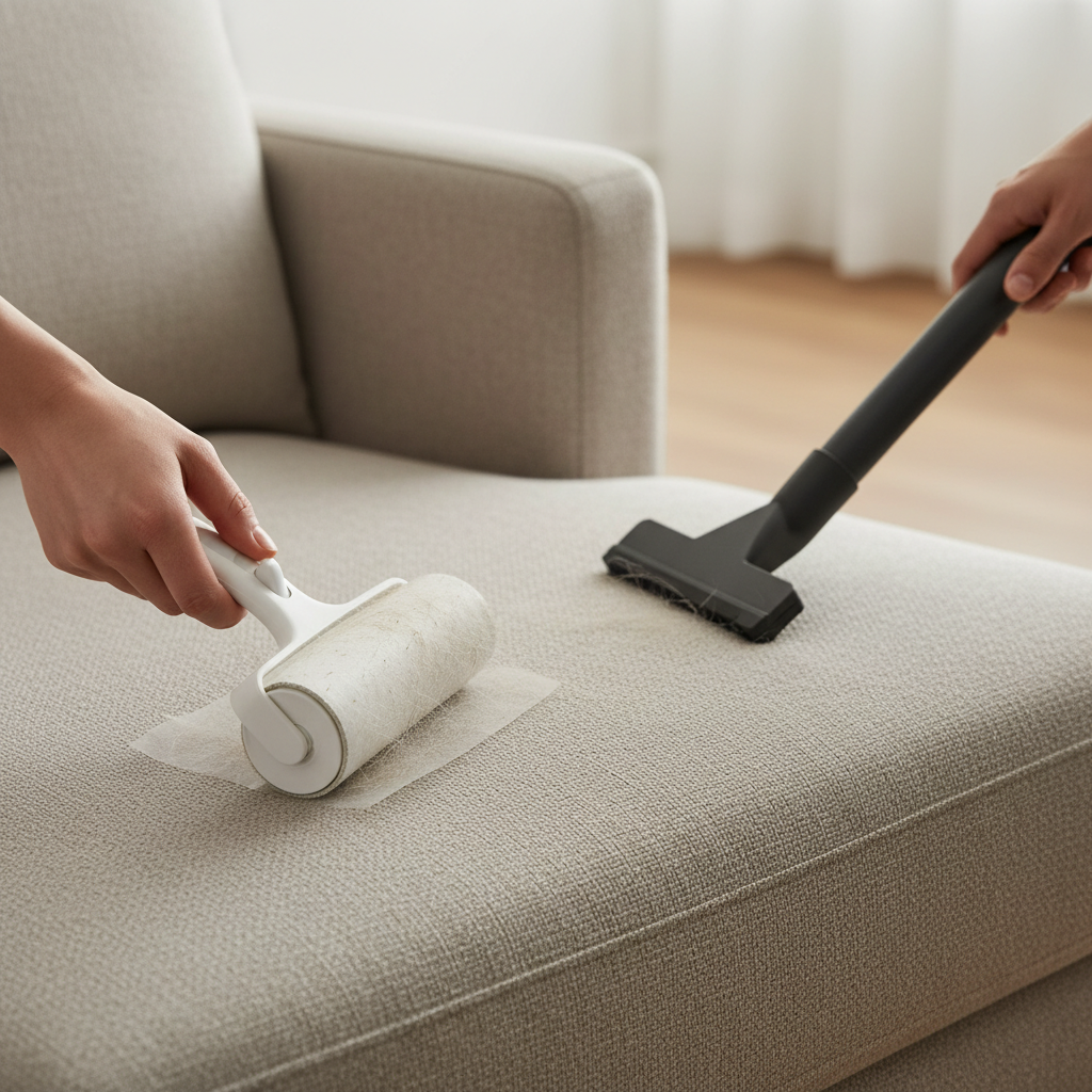 Close-up of durable performance fabric on a couch with pet hair being removed